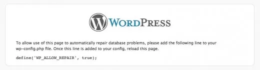 WordPress screen reporting the need to use the WP_ALLOW_REPAIR constant for resource usage