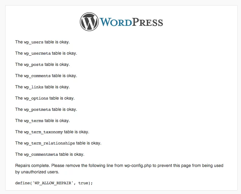 WP_ALLOW_REPAIR WordPress screen displaying result of database repair operation