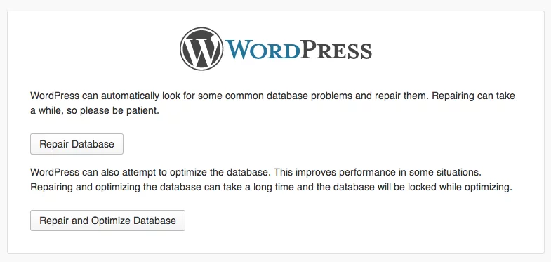 WordPress screen when the repair.php file is accessed and the WP_ALLOW_REPAIR constant is active