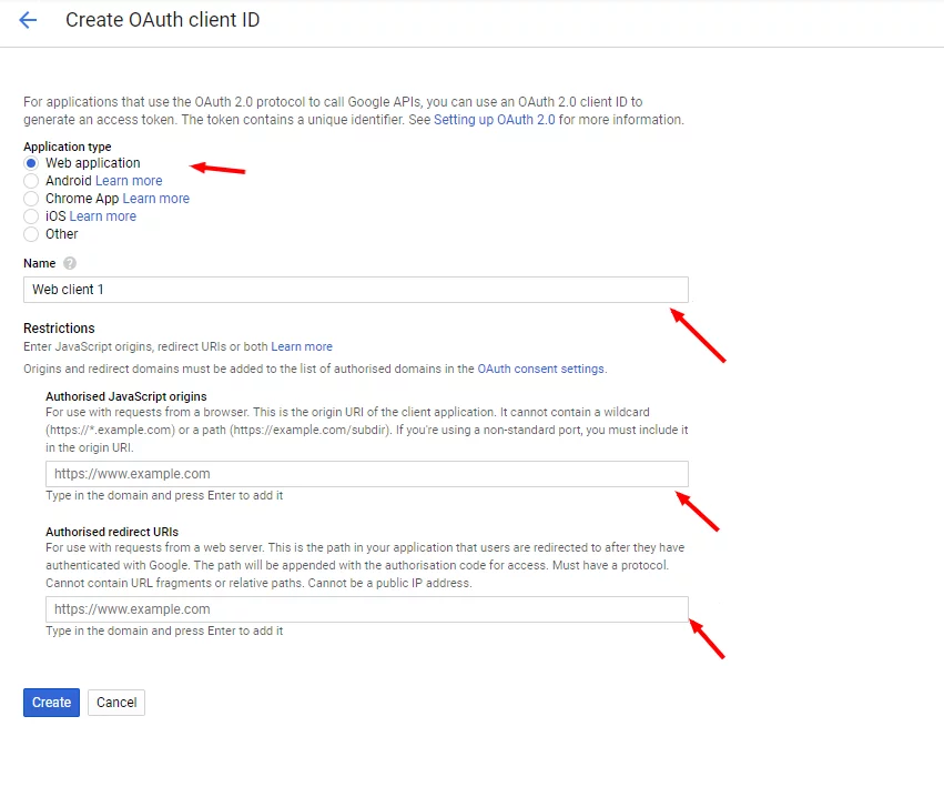 Create OAuth client ID Google API Console2