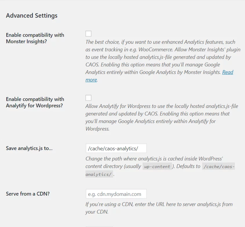 CAOS Advanced Settings Add Google Analytics To WordPress