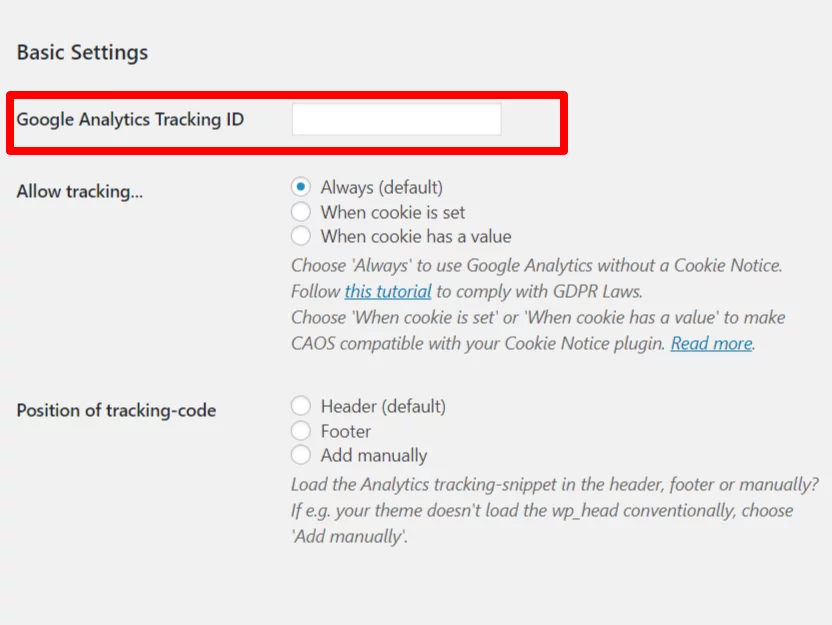 CAOS Settings Add Google Analytics To WordPress