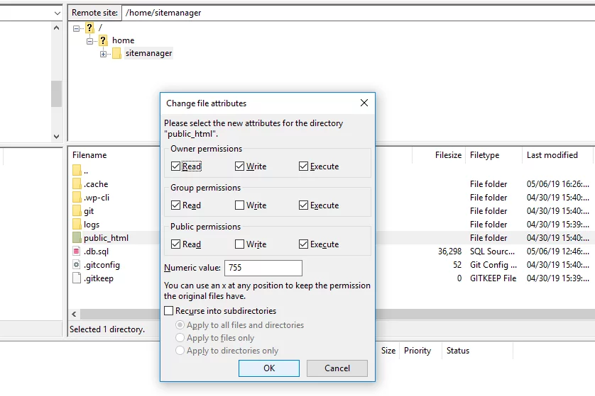 FTP permissions Fix 403 Forbidden Error In WordPress