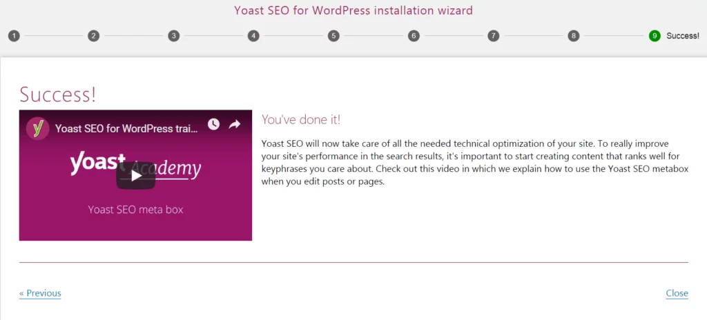 Configuration Wizard Step 9 Success Yoast SEO Tutorial