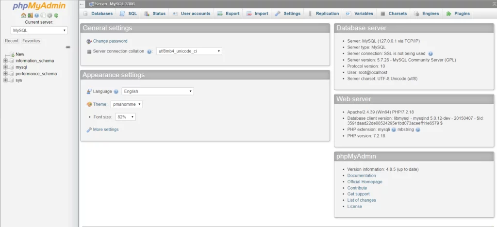 phpMyAdmin dashboard