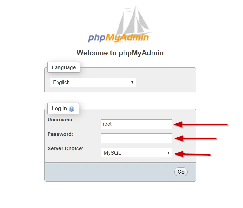 phpMyAdmin login screen