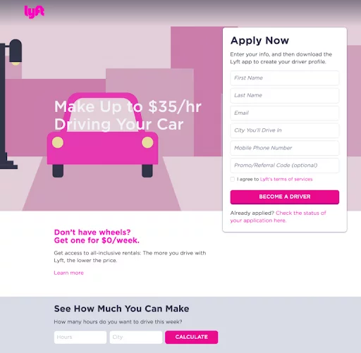 landing page Lyft